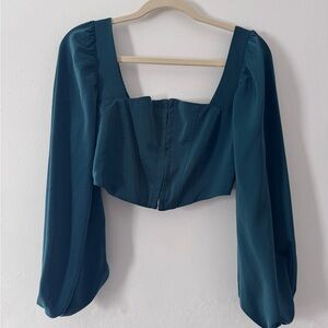 Teal Long-Sleeve Square Neck Mock Corset Top